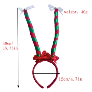 Detailed view of striped reindeer antlers headband with white bows and dimensions