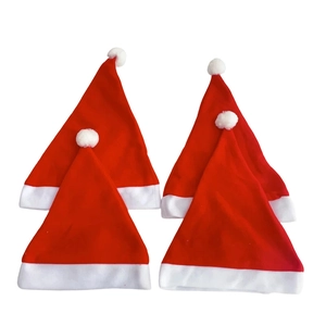 Classic red Christmas hats 4-piece set with white plush trim and pompom decoration