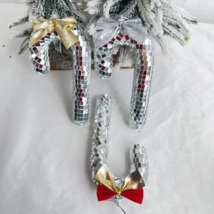 Disco candy cane Christmas ornaments with mirror tiles and festive silk bows