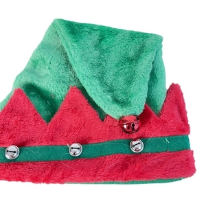 Festive red and green plush Christmas elf hat with decorative jingling metal bells