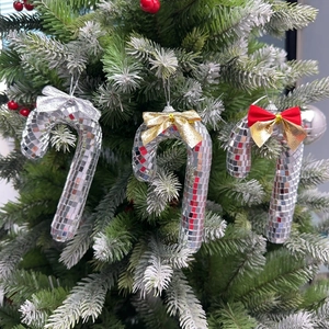 Disco mirror ball candy cane Christmas tree ornaments with decorative colorful bows