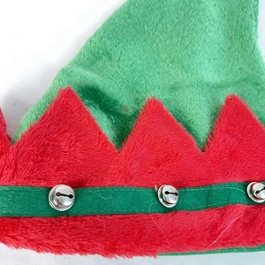 Christmas elf hat with plush red and green fabric and three silver metal bells