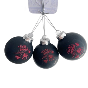 Black matte Halloween decorative balls with blood handprint and 'Wanna Play' text