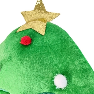 Detail of green velvet Christmas tree hat with gold sequin star and plush ornaments