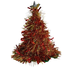 Christmas tinsel garland tree decoration in red and gold with a silver star topper