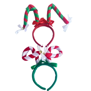 Christmas striped headband set with red green antlers and candy cane bow design