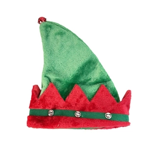 Classic red and green Christmas elf hat with plush fabric and silver jingle bells