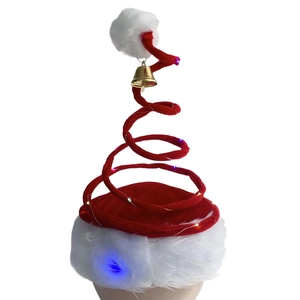 Red spiral spring Christmas hat with LED lights and golden bell for festive parties