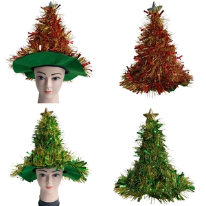 Festive Christmas tree hats with sequins and gold stars in red and green colors