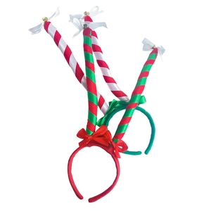 Festive Christmas headband set with red and green striped spiral horns and gold bells