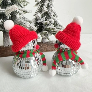 Sparkling snowman disco ball ornaments with red hats and scarves for Christmas decor