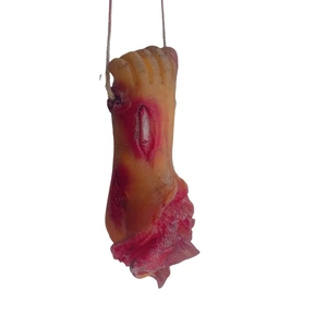 Realistic Halloween hanging severed hand prop with blood details for haunted house decor