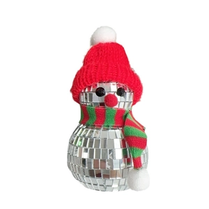 Festive snowman disco ball with mirror finish, red knit hat and striped scarf decoration