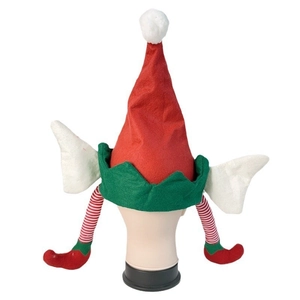Chapeau de lutin de Noël en feutre rouge et vert avec oreilles blanches et jambes rayées pendantes