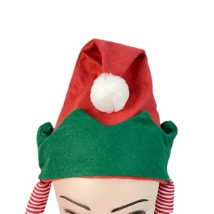 Chapeau de lutin de Noël rouge et vert en feutre avec pompon blanc et rayures