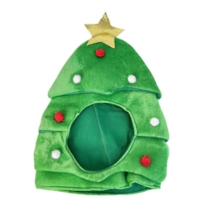 Green plush Christmas tree pet hat with golden star and colorful pom-poms for holidays