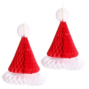 Set of two red and white honeycomb paper Christmas hat hanging decorations for party