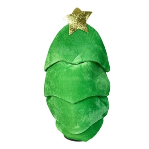Christmas tree shaped plush hat with green fabric and gold star for holiday parties