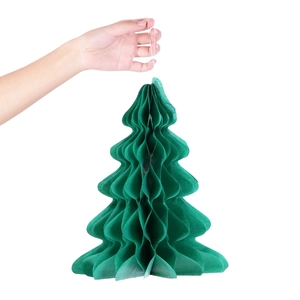 Detailed view of dark green honeycomb paper Christmas tree hanging ornament