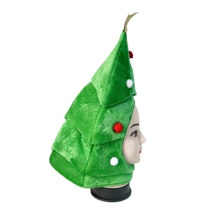Three-tier green plush Christmas tree hat with red white pom poms and a golden star topper