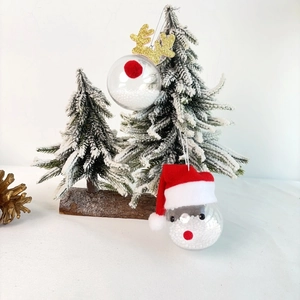 Close-up of transparent Christmas ball ornaments with reindeer and Santa Claus designs
