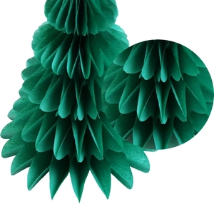 Close-up of dark green honeycomb paper Christmas tree decoration showing detailed paper texture