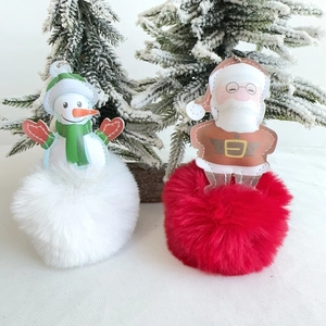 Christmas Santa Claus Snowman Pom Pom Keychain Plush Faux Fur Ball Keyring PU Leather Hanging Ornament For Bag Backpack Holiday Decoration
