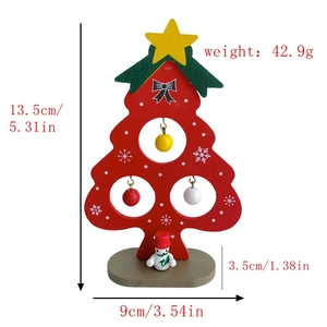 Detailed dimensions of red wooden DIY Christmas tree with mini snowman and hanging ornaments