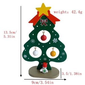 Detailed size specifications of mini wooden Christmas tree with snowmen and ornaments