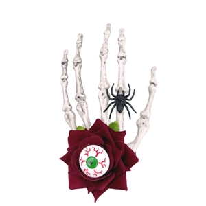 Pince à cheveux gothique avec main de squelette, rose rouge, œil ensanglanté et araignée