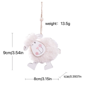White felt Easter sheep ornament with wooden face and dimensions marked on plain background