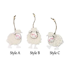 Three-piece Easter wooden and white wool sheep hanging ornaments in various poses