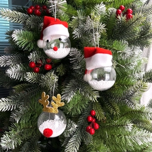 Detailed view of clear Christmas ornaments with Santa and reindeer on a snowy pine tree