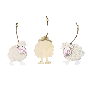 Three-piece set of cute Easter wool felt sheep ornaments with wooden back and hanging beads