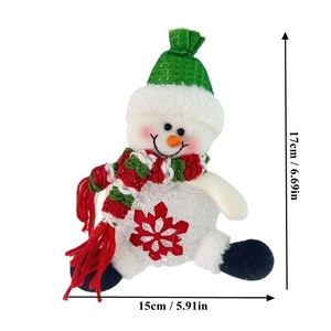 Detailed size view of a 17cm plush Christmas snowman ornament with a green hat