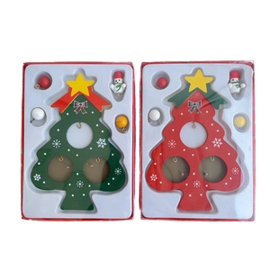 DIY mini wooden Christmas tree tabletop ornaments with red and green bases and ornaments