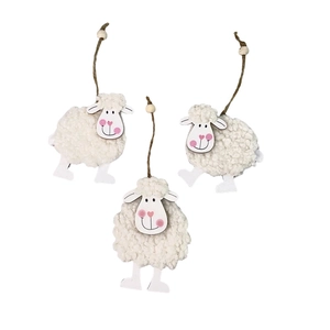 Three-piece set of cute Easter wool felt sheep ornaments with wooden faces and hanging ropes