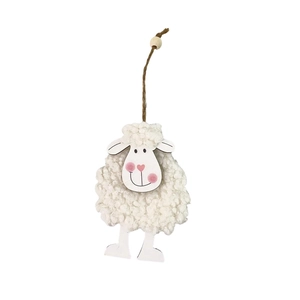 Detail of cute white felt sheep ornament with wooden limbs and natural jute hanging rope