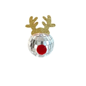 Détail d'une boule disco renne avec miroirs facettés et bois dorés à paillettes