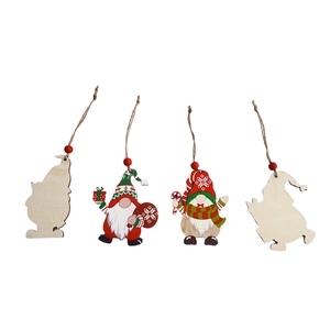 Set of four wooden Christmas gnome pendants with colorful painted festive patterns