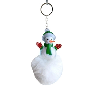 Christmas snowman plush keychain with green scarf and white faux rabbit fur pom pom charm
