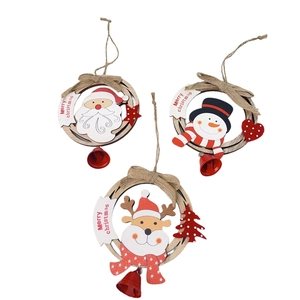 Three-piece wooden Christmas pendants with Santa, Snowman, Reindeer and red bells