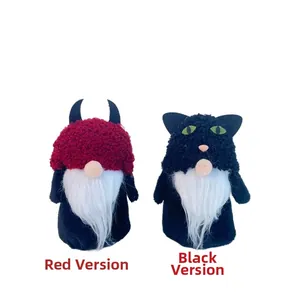 Dettagli di gnomi di Halloween con cappelli in peluche stile diavolo rosso e gatto nero