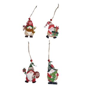 Set of four colorful wooden Christmas gnome ornaments with red beads and twine hanging loops