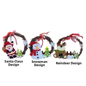 Christmas rattan wreaths with Santa, Snowman and Reindeer felt characters and pine trees