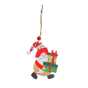 Detail of Christmas gnome wooden pendant with red hat and green gift box on white background
