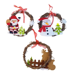 Three-piece Christmas rattan wreath set featuring Santa, snowman, and reindeer felt figures