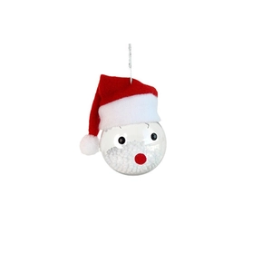 Close-up of a clear Christmas ornament ball with a red Santa hat and foam snow filling