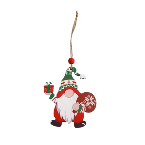 Detail of wooden Christmas gnome ornament with green hat and red gift bag hanging on rope