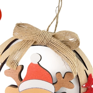 Detail of wooden Christmas ornament with moose pattern and hemp rope bow decoration